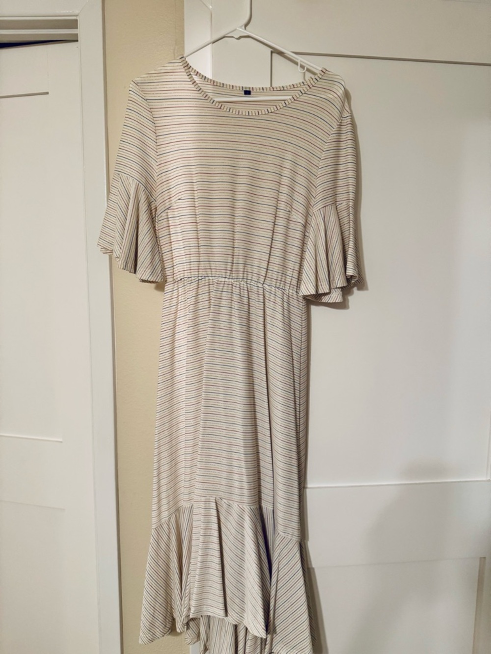 Neutral Striped Ruffle-Hem Midi Dress